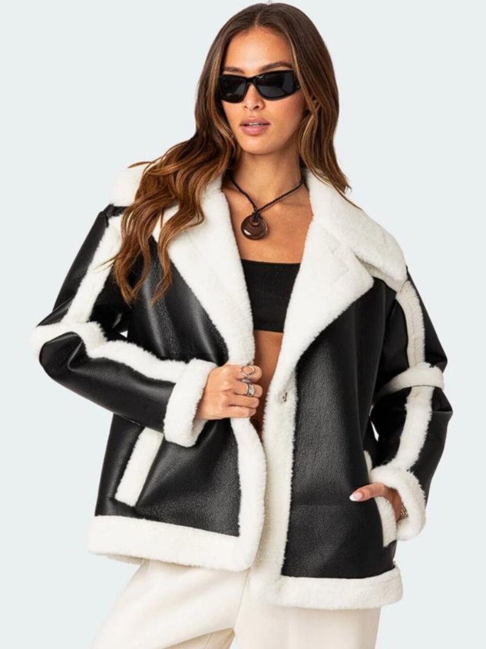 EDIKTED Women's Rocki Oversized Faux Leather Shearling Jacket Size XS In Black